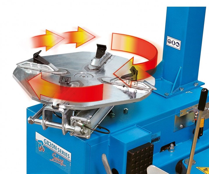 Variable rotation speed of the turntable is standard with the G72 and G82 series tire changers